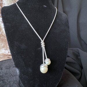 Brighton Twist Faux Pearl Bolo Lariat Y-Drop Silver Plate Necklace Retired Adj